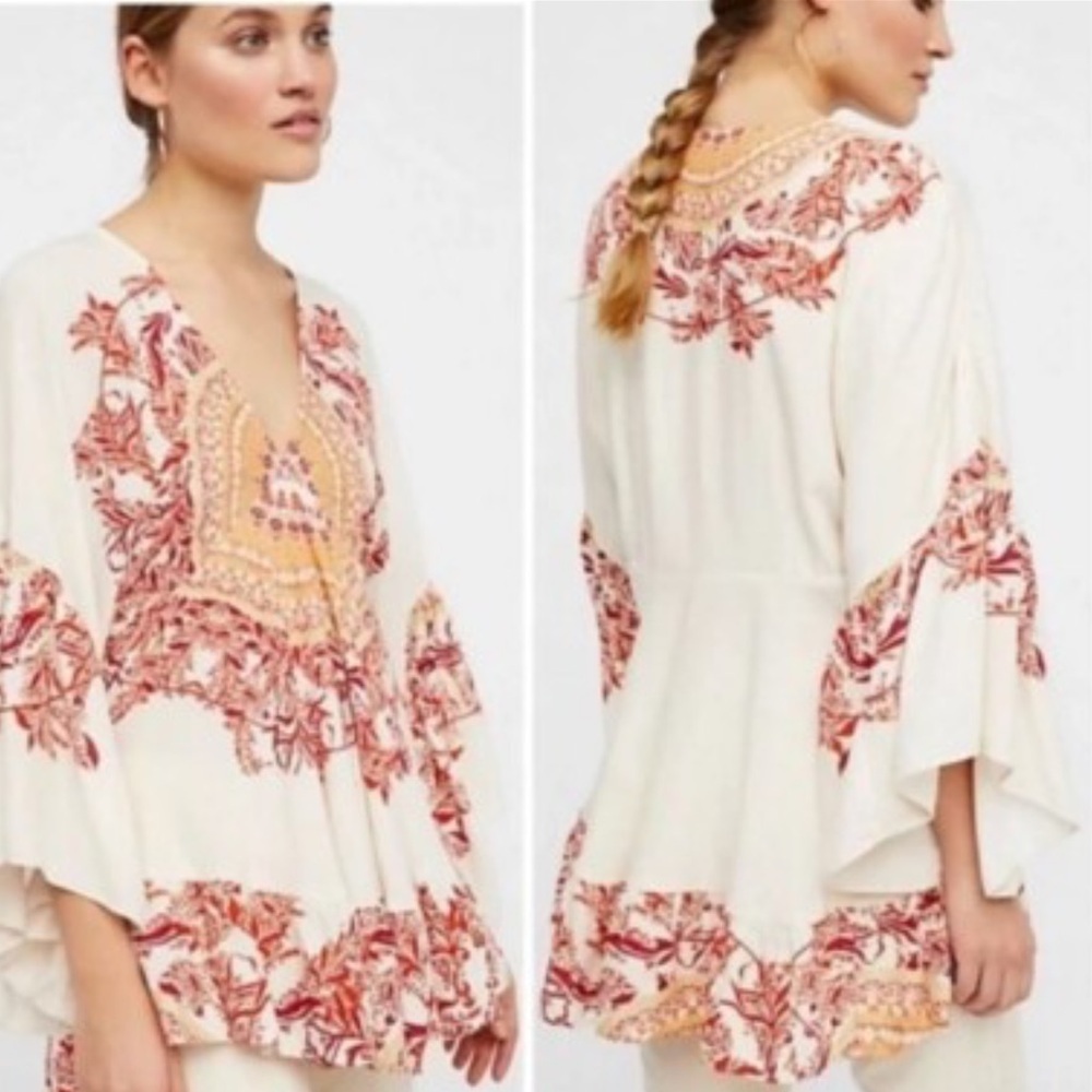 FREE PEOPLE Sunset Dreams Boho Bell Sleeve Mini Dress Tunic Top Small Festival